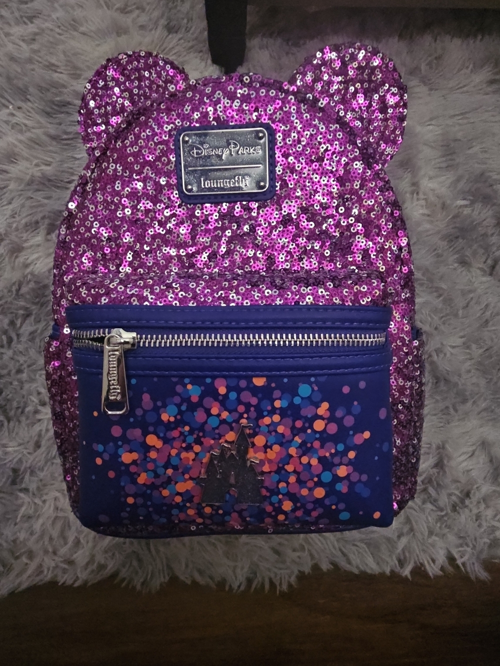 Loungefly Purple Sequin Mini Backpack with Confetti Front Pocket